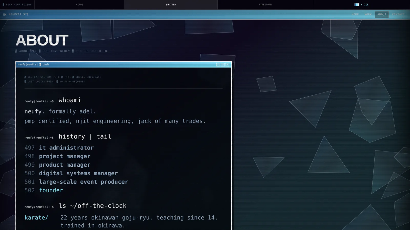 The about page, styled as a shell session