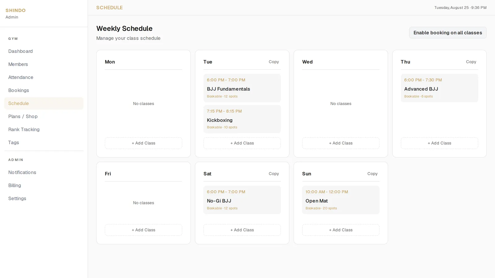 Shindo weekly class schedule